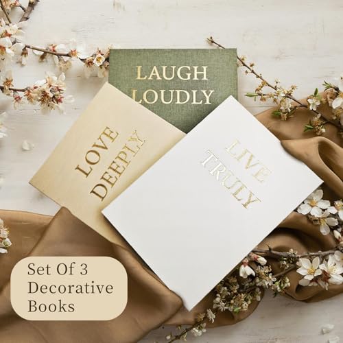 Aesthetic Decorative Books, Set of 3 Linen Fake Book Boxes, Faux Book Decor for Coffee Table, Bookshelf, Entryway Tables - color: Beige