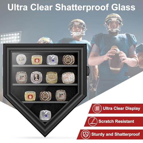 Championship Ring Display Case, 12 Posts Baseball Ring Holder, Lockable Wall Mount Wooden Shadow Box for Multiple Championship Rings - size: 12 Posts-Pentagon