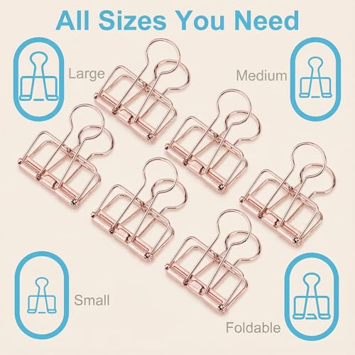 Binder Clips Rose Gold Hollow Long Tail Document Clamps, 6pcs Metal Spring Fasteners for Paper Stacks, Planner Notes, Desk Organization, Folding Handles for Easy Use - color: Rose Gold
