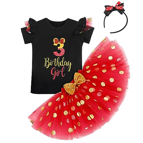 IBTOM CASTLE Cake Smash Half 1st 2nd 3rd Birthday Girl Princess Polka Dots Ruffle Skirt Set ONE Party Costume Headband - color: Red+black-3rd, size: 3T
