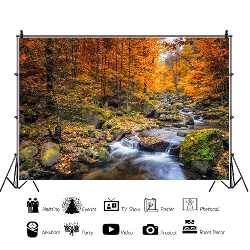 5x3ft Fall Backdrop Autumn Scenery Mountain Stream Photography Background Forest Yellow Fall Leaves Natural View Decorations Portraits Supplies Wallpaper Photo Studio Props - color: White, size: 5x3ft