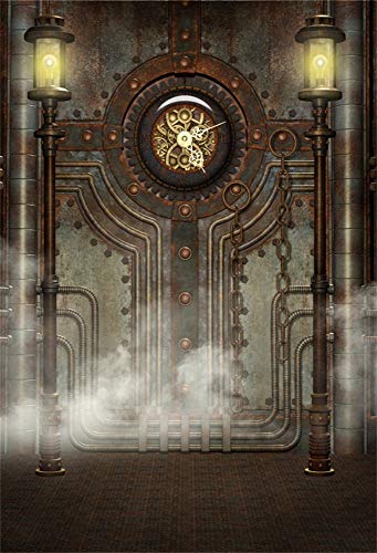 5x7ft Polyester Antique Vintage Steampunk Backdrop Industrial Gear Metal Clock Old Metal Gearwheel Photography Background Steam Machine Nostalgia Iron Chain Pipelines Adult Photo Studio Prop - color: Black 10453, size: 5x7ft-Polyester