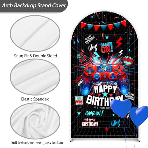 Video Game Happy Birthday Backdrop Arch Cover 6FT Double-Sided Spandex Fitted Birthday Party Arch Stand Covers Round Top Stretchy Backdrop Stand Covers Birthday Party Decoration Game Night - color: 52-Game Birthday Party, size: 6FT