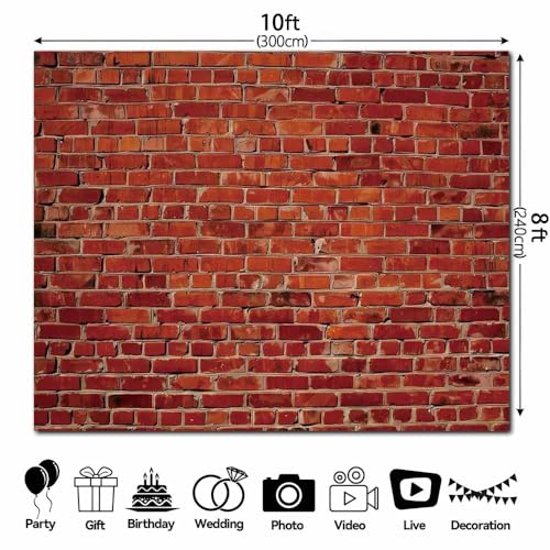 10x8FT Vintage Red Brick Wall Photography Backdrop Birthday Party Baby Shower Newborn Decor Realistic Texture Friends' Party Background Portrait Shoots Photo Props Banner Polyester - size: 10x8FT