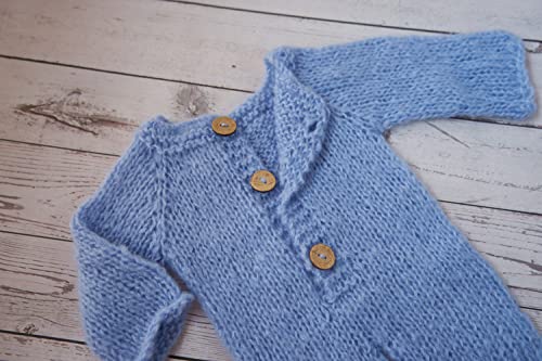 Newborn Photography Props Boys Girls Outfits Mohair Bear Hat Bonnet & Footed Romper Bodysuit Photoshoot Costume Set - color: Light Blue