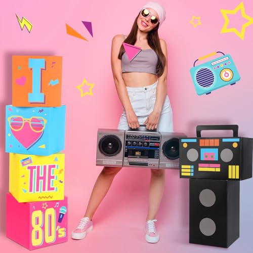 Amyhill 6 Pcs Large 80s Party Decorations Hip Hop Favor Set Paper Party Boxes Novelty Disco Theme Decoration for Retro 1980s 1990s Theme Birthday Neon Disco Music Supplies - style: 80s