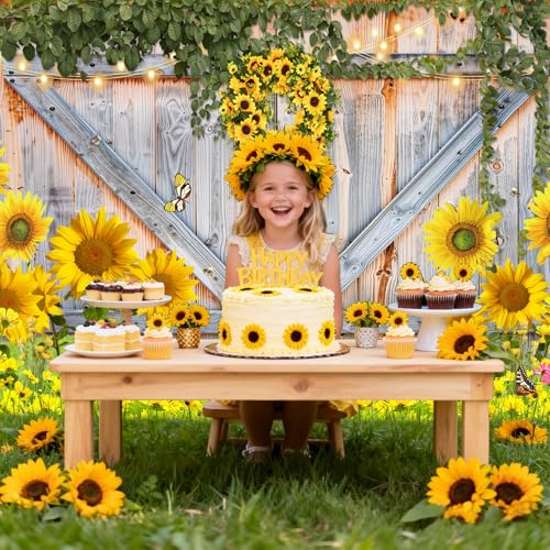 Sunflower Backdrop for Photography, Rustic Barn Wood Door Photo Backdrops for Photoshoot, Yellow Sunflower Theme Background for Birthday Decorations 7x5ft - color: Yellow, size: 7x5 FT
