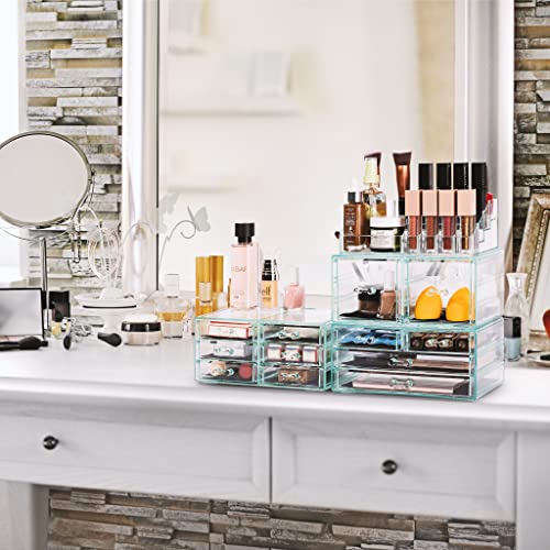 Sorbus Large Makeup Organizer - Clear Stackable Jewelry & Makeup Organizer For Vanity, Bathroom Storage, Dresser - 12 Drawers Cosmetic Beauty Organizers and Storage with Lipstick, Makeup Brush Holder - color: Teal Thrill