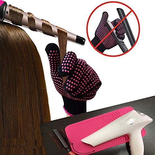 Heat Resistant Glove with Heat Resistant Mat for Curling Iron, Hair Straightener, Flat Irons, Silicone Bump Glove, 9” x 6.5” Food Grade Silicone Mat, Pink - color: Pink G