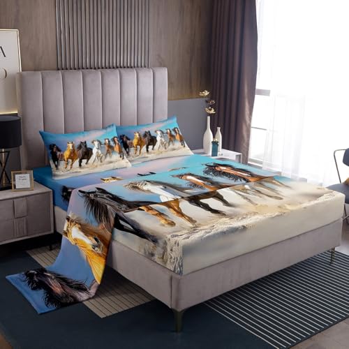 Erosebridal Horse Sheet Set Six Running Wild Horses Bed Sheet for Kids Teens Adult, Farm Animal Bed Sheet Set 4Pcs Western Cowboy Fitted Sheet, Farmhouse Flat Sheet, Rustic Decor 2 Pillow Cases, Full - color: Color 5, size: Full