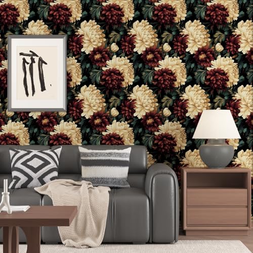 BOKEBEVE Dark Floral Wallpaper Peel and Stick Vintage Leaf Contact Paper Modern Retro Wall Murals Self Adhesive Removable Waterproof for Home Decor Room Shelves Cabinet Drawer Table 17.5 x 118In - color: Black/Brown/Yellow, size: 17.5" x 118"