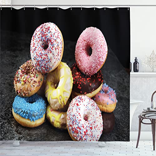 Ambesonne Donut Shower Curtain, Close up View of Colorful Doughnuts on Dark Background Food Print, Cloth Fabric Bathroom Decor Set with Hooks, 69" W x 70" L, Pastel Yellow and Sky Blue - color: Pastel Yellow and Sky Blue, size: 69" W x 70" L