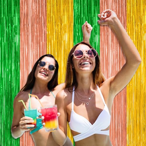 2 Pack Luau Decorations, 3.28 FT x 7.05 FT Summer Party Streamer, Green Brown Yellow Backdrop Tinsel Curtains Fringe Curtains, Metallic Hawaiian Supplies Aloha Party Decor - color: Hawaii Color, size: 2 PCS