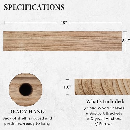 Axeman Floating Shelves, 8 Inch Deep Modern Solid Wood Wall Shelves for Storage, Wall Mounted Display Shelving with Invisible Heavy-Duty Metal Bracket, 48" W x 8" D x 1.6" H, Light Carbonized - color: Light Carbonized, size: 48" W, 1-Pack