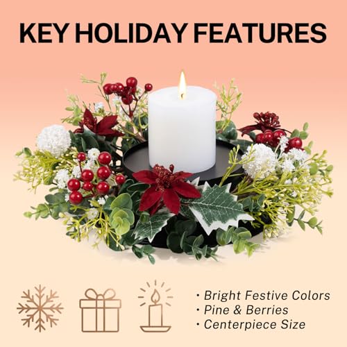 MOYEE Candle Holder Centerpieces for Tables,Candle Ring,Wreaths, Black Metal Candle Stick Paired Artificial Flowers 14 in Versatile Dining Table Centrepiece - color: White Ball Wreath