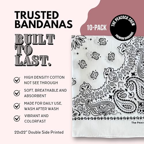 The Peacock Crew Premium Soft Cotton Bandanas Pack for Men and Women Paisley 22 x 22 inches - color: Pack of 10 Pure White