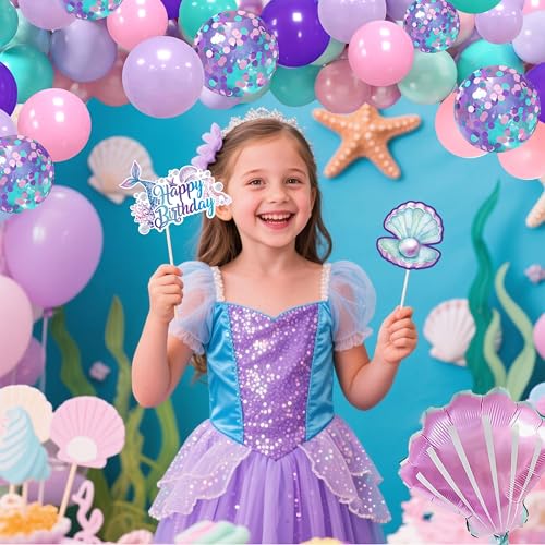 Mermaid Birthday Decorations for Women,Happy Birthday Banner, 35 Balloons,Photo Booth Props for Kids Girls - color: Mermaid