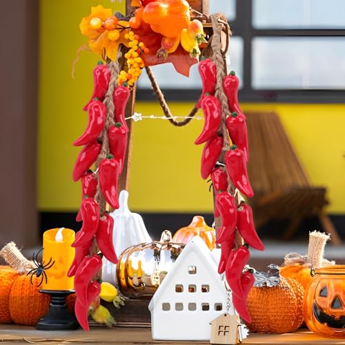 Woration Fake Handmade Ceramics Hot Chili String Artificial Hanging Red Pepper Faux Vegetable Decoration Garland Vine for Home Kitchen Party Photography Prop 1 Pack - color: Ceramic Chili