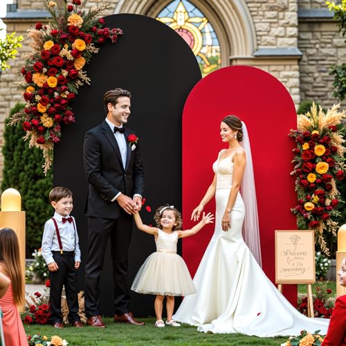 Red Black Arch Backdrop Cover for Wedding, Set of 2 Stretchy Spandex Fitted Arch Stand Cover for Baby Shower, Birthday Party Decor, Chiara Backdrop Cover with Double-Sided Design(7.2FT 6FT) - color: Red+Black