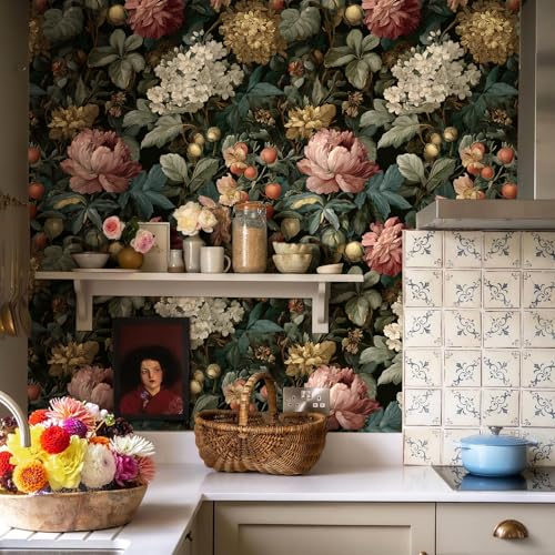 EchoSphere 16.9" x118" Vintage Peel and Stick Wallpaper Floral and Leaf Wall Paper for Bedroom Self Adhesive Contact Paper DIY Removable Wallpaper for Livingroom Cabinets Drawer Covering Vinyl Dark - color: Vintage Floral, size: 16.9" x 118"