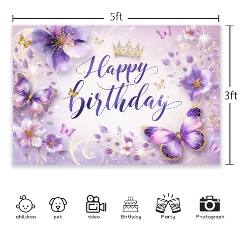 Newsely Purple Butterfly Floral Happy Birthday Backdrop 5Wx3H Photography Lilac Flower Gold Blossom Crown Princess Background Girly Elegant Bday Party Decorations Banner Photo Booth Props Supplies - color: I-Purple, size: 5Wx3H