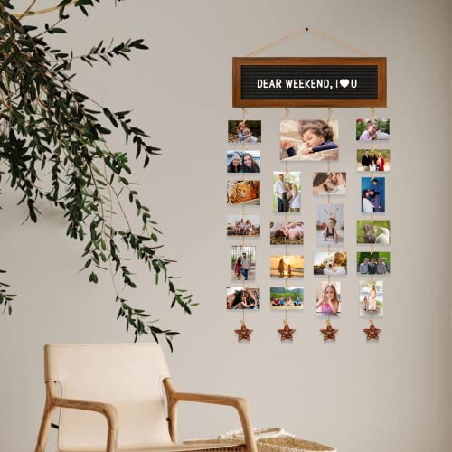 CJIAWYS Picture Frames Collage Wall Decor Photo Collage Frame Hanging Photo Display, Felt Letter Board with 340 Letters and 30 Clips, Unique Rustic DIY Photo Frames for Family Best Friends - color: Brown Frame and Black Felt