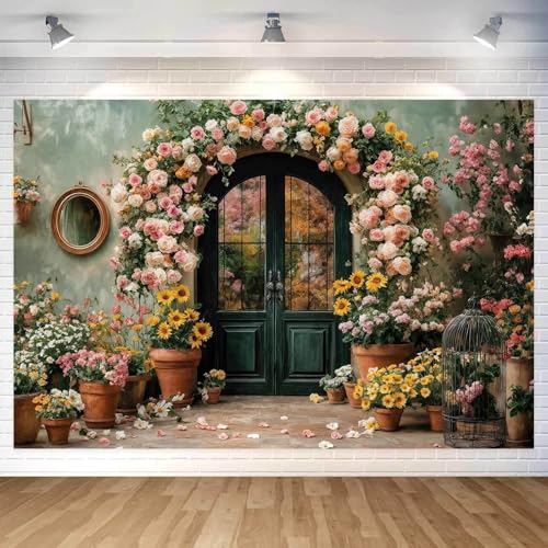 6X4ft Flower Backdrop Coloful Floral Arch Retro Door Photography Backdrops Modern Interior Rustic Style Wall Decoration Wedding Portrait Background Studio Photo Booth Props - color: Multi4, size: 6X4ft