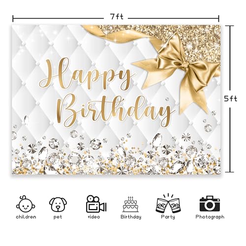 Newsely Gold and White Birthday Backdrop 7Wx5H Photography Happy Birthday Backdrop for Girls Women Diamonds Modern Luxury Elegant Bday Background Party Decorations Banner Photo Booth Props Supplies - color: B-Gold Silver, size: 7Wx5H