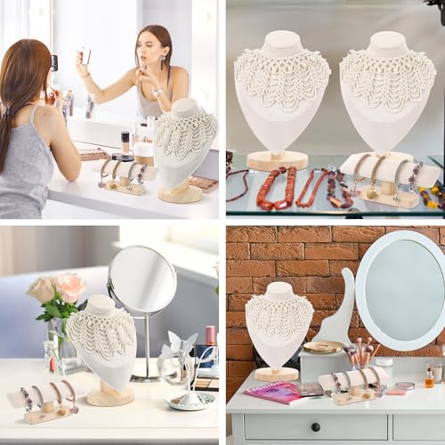 AceOrbit 2 Pcs Jewelry Display Stand Set Velvet Jewelry Bust Display Stand and T Bar Bracelet Holder for Necklaces Bracelets Chains Retail Boutique Shops Selling(Beige)