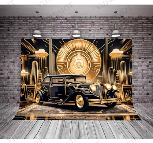 Roaring 20s Background 10x7ft Black Gold Retro Texture Background for 20's Prom Party Decor Portrait Photo Shoot 1920s Vintage Car Backdrop Photography Studio Set Props - size: 10x7FT