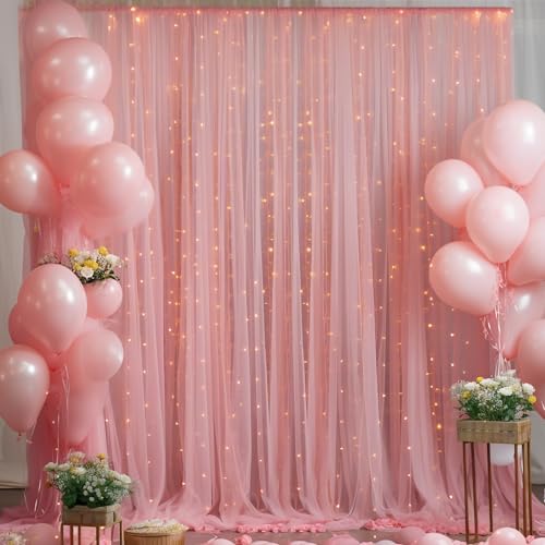 10x10ft Dusty Rose Tulle Backdrop Curtain with Lights String for Parites, Sheer Photo Backdrop Drapes for Wedding Baby Shower Bridal Shower Birthday Party Photo Shoot Background Decorations - color: Dusty Rose, size: 10ft x 10ft(2 Panels 5*10ft)