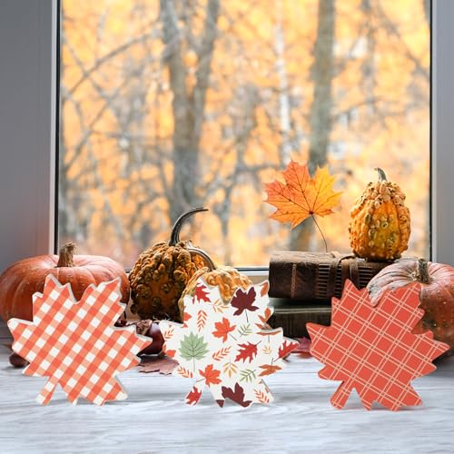 COCHIE Fall Leaves Decorations for Home Indoor, Thanksgiving Table Decor, Harvest Tabletop Decoration, Wooden Maple Leaf Signs Block for Tiered Tray Party Shelf Display Set of 3 - style: Fall Leaves 3