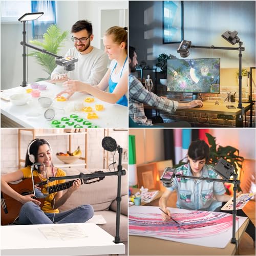 Ailight Overhead Camera Mount Desk Stand, 15.75"-33.45" Webcam Mount with 2-Section Adjustable Telescopic Boom Arm, C Clamp/Swiveling Ball Head for DSLR Camera, Ring Light, Webcam