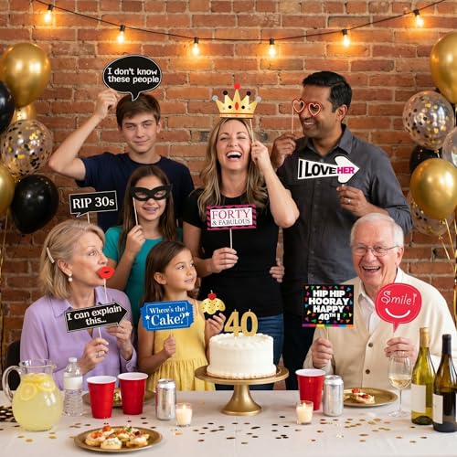 40th Birthday Photo Booth Props - 40 Pieces - Funny Birthday Party Supplies for Him or Her - Photo Booth Decorations, Favors and Gifts