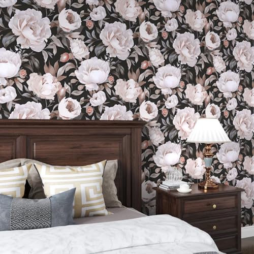 Laatse Black Pink Floral Wallpaper Peel and Stick Boho Wallpaper 17.5" x 393" Dark Flowers Contact Paper Vinyl Self Adhesive Waterproof Large Dark Floral Wall Paper for Bedroom Walls Countertop - color: Black&White&Pink, size: 17.5" x 393"
