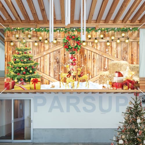 Christmas Garage Door Banner, 13 x 6ft Merry Christmas Garage Cover Large Xmas Party Background Decoration for Photography, Holiday Photo Booth Props Outdoor Hanging Decor for Winter Supplies - color: Christmas Gold & Green