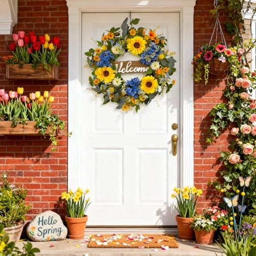 24" Spring Wreaths for Front Door Summer Wreath with Sunflowers, Welcome Sign, Blue Hydrangea, Eucalyptus, Daisy Artificial Floral Flower for Home Porch Wall Firplace Outdoor Fall Decoration