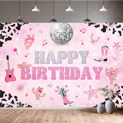 7X5ft Disco Cowgirl Birthday Backdrop Pink Western Wild West Cow Print Photography Background Hot Pink Boot Backdrops for Girls Women Birthday Party Decorations Banner Photo Booth Props - color: Pink02, size: 7X5FT