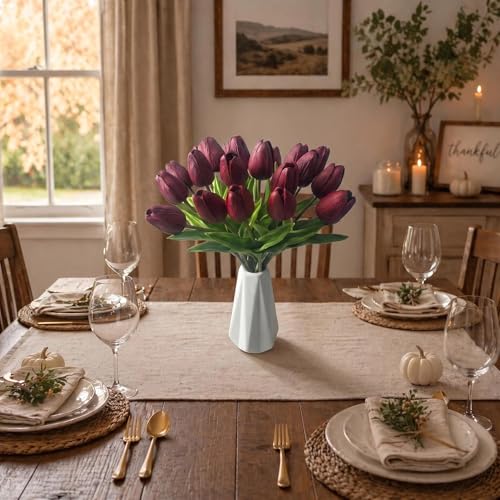 Mandy's Burgundy Artificial Tulips Flowers Centerpiece, 13.5" Lifelike PU Fake Floral Stems 20pcs for Kitchen Island & Dining Table, Spring Decor for Easter - color: Burgundy