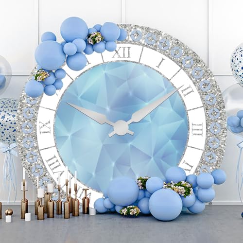 5x5ft Crystal Blue Clock Round Backdrop Cover Luxury Silver Blue Clock Circle Backdrop Background Girls Kids Newborn Baby Shower Women Birthday Party Decorations Congrats Grad Studio Props - color: Silver Blue, size: 5x5ft-Diameter