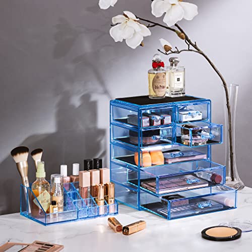 Sorbus Acrylic Makeup Organizer Set, 7-Drawer Vanity & Countertop Cosmetic Storage with Small & Wide Compartments, Blue Brilliance Makeup Storage for Brushes, Jewelry – Holiday Gift for Women & Teens - color: Blue Brilliance, size: 3 Large, 4 Small Drawer