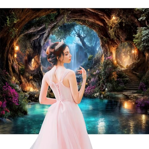 Fairy Woodland Backdrop 7Wx5H Feet Enchanted Teal Spring Flower Green Tree Waterfall Cave Polyester Fabric Magic Nature Botanical Photography Backgrounds Photo Shoot Decor Props Decoration - color: Teal, size: 7Wx5H