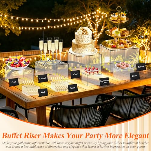 8 Pcs Clear Acrylic Buffet Risers with LED Fairy Lights, Acrylic Food Risers with Mini Sign and Maker, Clear Buffet Risers and Stands for Party Catering Dessert Collectibles(9" 8" 7" 6" 5" 5" 4" 4" ) - size: 9" 8" 7" 6" 5" 5" 4" 4"