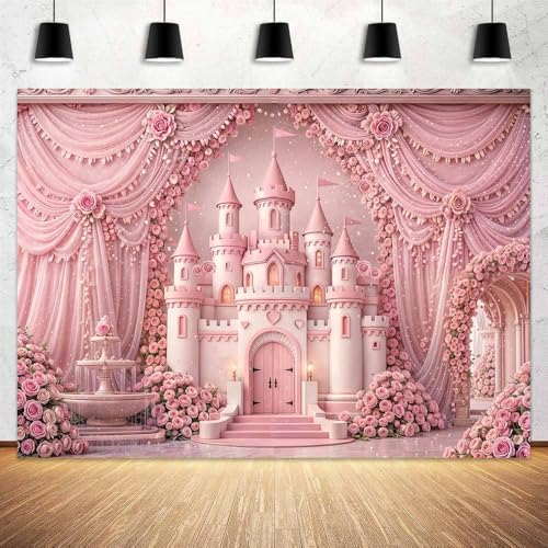 5 x 3 ft Pink Castle Backdrop Pink Princess Palace Arch Floral Drapes Background Girly Party Baby Shower Kids Birthday Wedding Party Decorations Banner Photo Booth Props Supplies - color: Multi8, size: 5x3ft