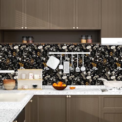 Black Floral Peel and Stick Wallpaper Vintage Gold Leaf Contact Paper Dark Flower Wall Mural Home Vinyl Waterproof Self Adhesive Removable Renter Friendly Wall Paper 17.5" x 118" - color: Grey and Black, size: 17.5" x 118"