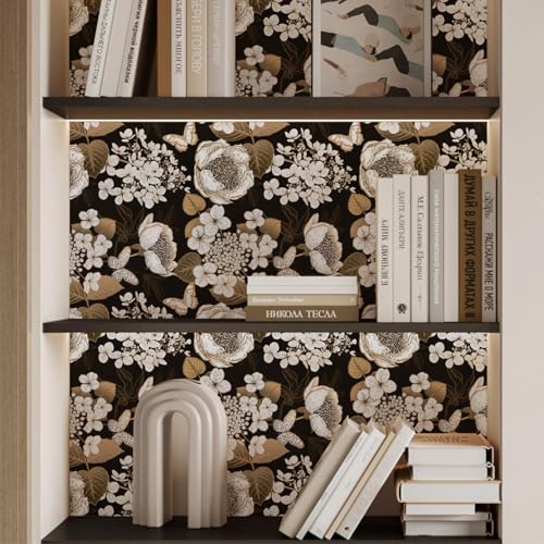 Abyssaly Black and Gold Peel and Stick Wallpaper, Dark Vintage Floral Wallpaper for Shel Liner, Self Adhesive Accent Contact Paper for Cabinets 17.7 in X 118 in - color: Gold, size: 118" x 17.7"