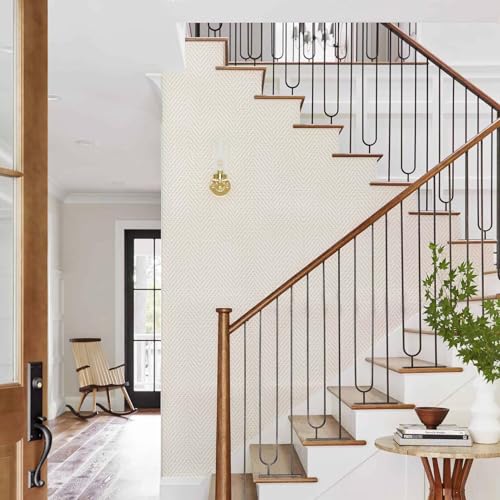 Rugreat Striped Grasscloth Wallpaper Peel and Stick 78.8inL 17.3inW Textured Grass Cloth Contact Paper for Cabinets Herringbone Fabric Wallpaper for Bedroom Beige Faux Linen Contact Paper Removable - size: 17.3" x 78.8"