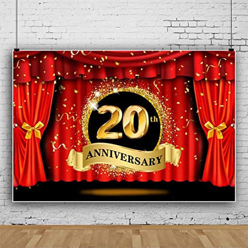 6x4ft Happy 20th Anniversary Backdrop Luxury Stage Red Curtain Glitter Golden Spots Photography Background Lover Couple Marriage Wedding Anniversary Celebration Party Vinyl Studio Props - color: 20th, size: 6x4ft