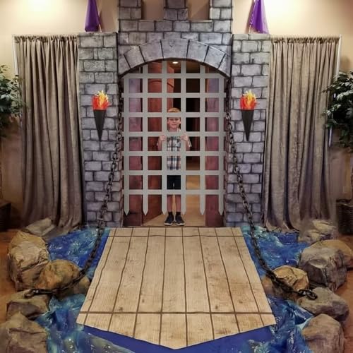 Frienda 105 Pcs Medieval Party Decorations Kit 5.9x6.6 ft Medieval Castle Backdrop Prison Fence Door Cover Fence Rug with 2 Torch Props 100 Paper Chain Brick Stone Fort for Knight Castle Photo Props - style: Medieval