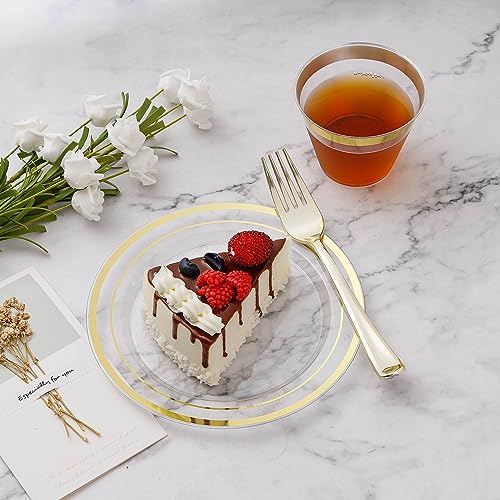 BESTVIP 50PCS Clear Gold Plastic Plates, 10.25 Inch Disposable Dinner Plate Party with Gold Rim, Heavy Duty Disposable Plastic Plates for Christmas, Thanksgiving, Party, Wedding and Birthday - color: Clear Gold, size: 50PC